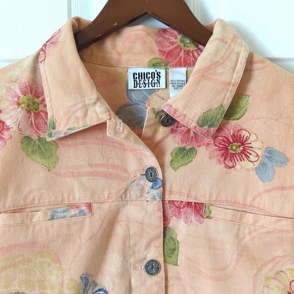Chico's Design 90's Vintage Floral Embroidered & Beaded Denim Jacket Peach 3 - Picture 2 of 13